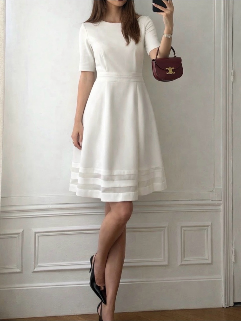 Calvin Klein White Midi A-Line Dress with Sheer Hem Stripes
